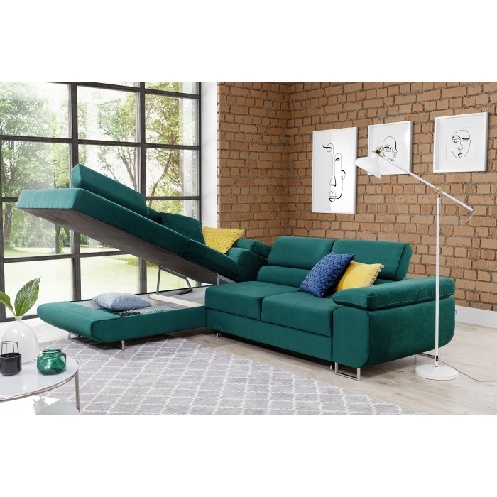 Canapé d’angle convertible MENTON vert canard velours – Angle gauche avec coffre