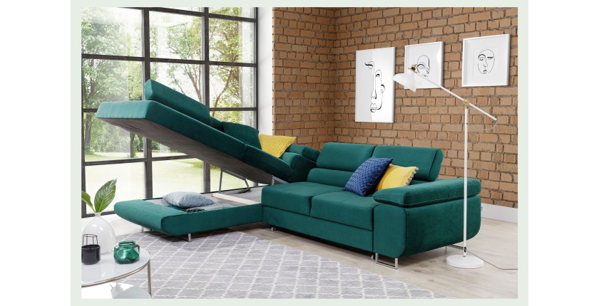 Canapé d’angle convertible MENTON vert canard velours – Angle gauche avec coffre