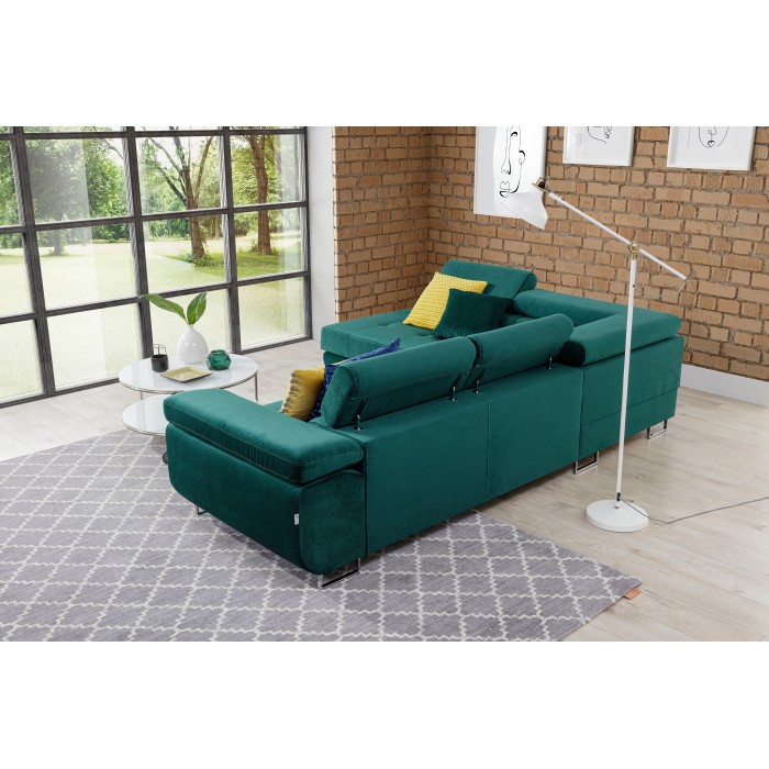 Canapé d’angle convertible MENTON vert canard velours – Angle gauche avec coffre