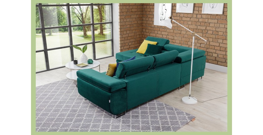 Canapé d’angle convertible MENTON vert canard velours – Angle gauche avec coffre