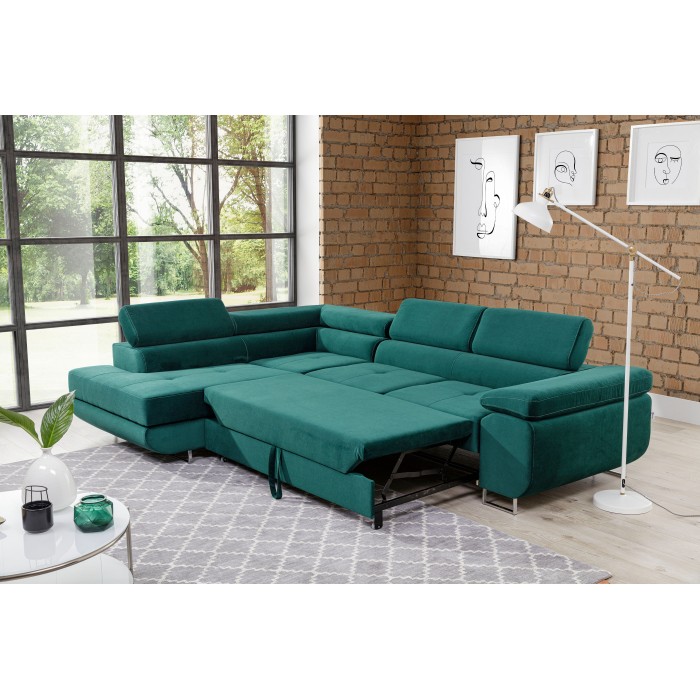 Canapé d’angle convertible MENTON vert canard velours – Angle gauche avec coffre