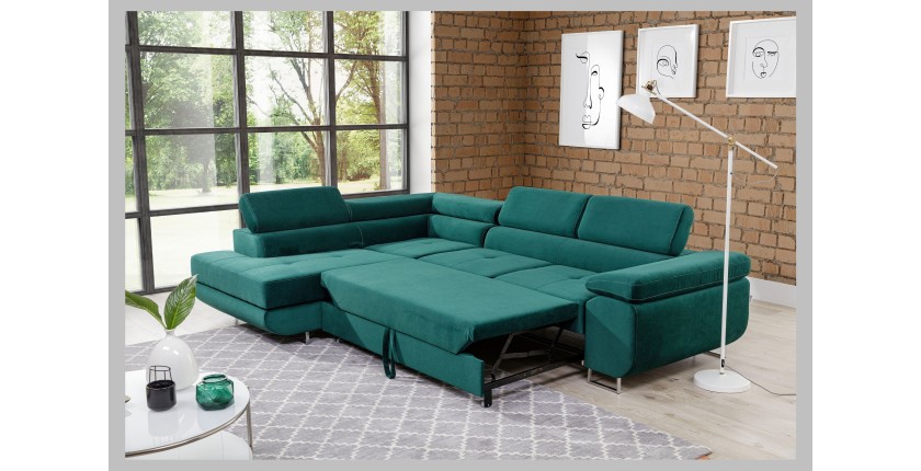Canapé d’angle convertible MENTON vert canard velours – Angle gauche avec coffre