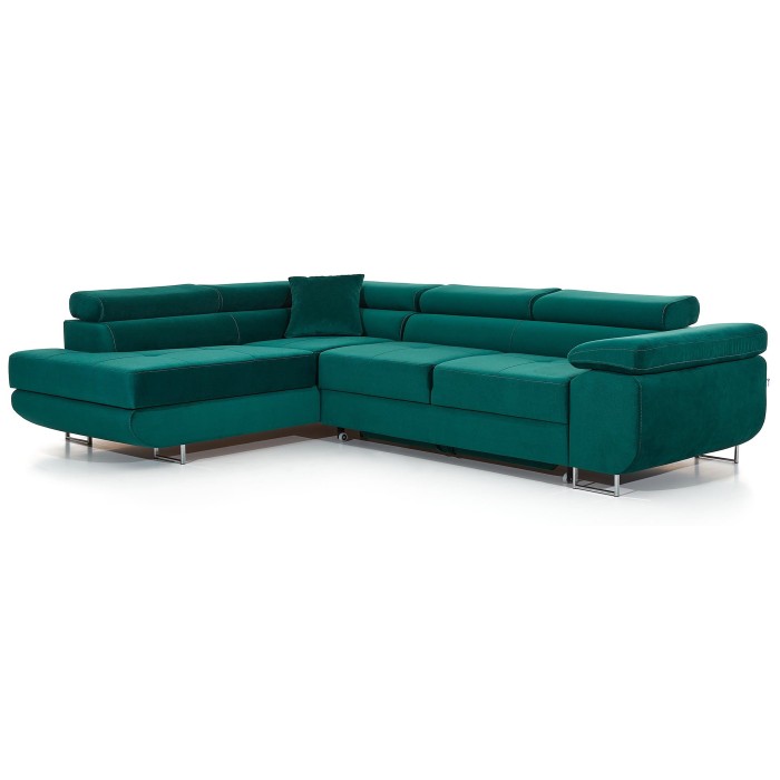 Canapé d’angle convertible MENTON vert canard velours – Angle gauche avec coffre