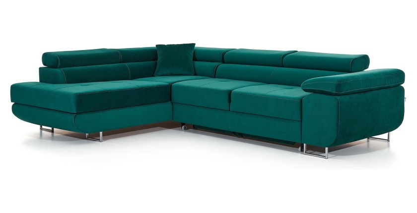 Canapé d’angle convertible MENTON vert canard velours – Angle gauche avec coffre
