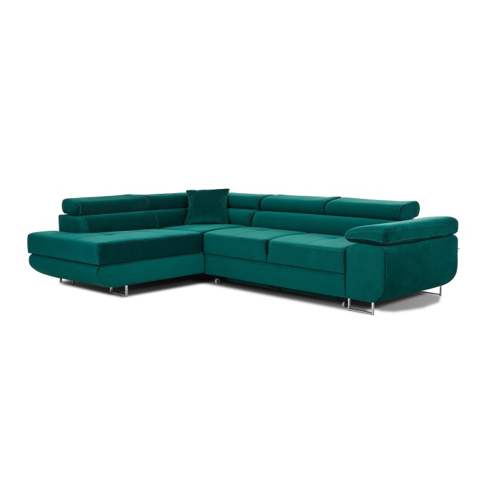 Canapé d’angle convertible MENTON vert canard velours – Angle gauche avec coffre