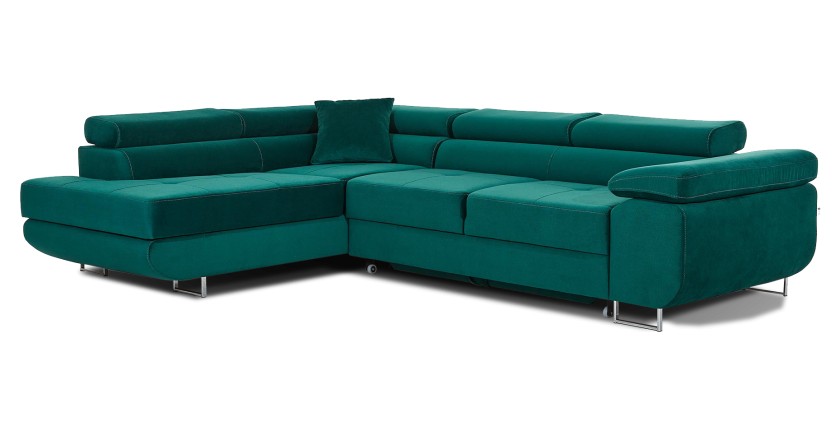 Canapé d’angle convertible MENTON vert canard velours – Angle gauche avec coffre