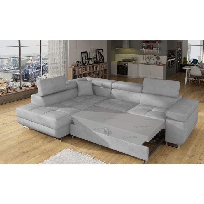 Canapé d’angle convertible MENTON gris – Angle gauche avec coffre