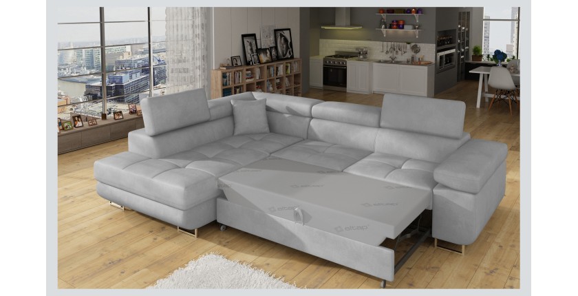 Canapé d’angle convertible MENTON gris – Angle gauche avec coffre