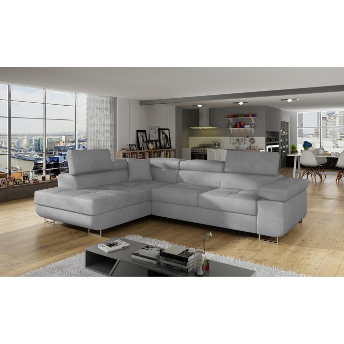 Canapé d’angle convertible MENTON gris – Angle gauche avec coffre