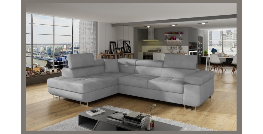 Canapé d’angle convertible MENTON gris – Angle gauche avec coffre