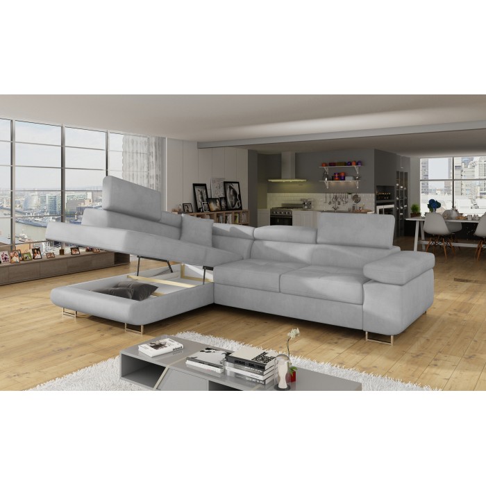Canapé d’angle convertible MENTON gris – Angle gauche avec coffre