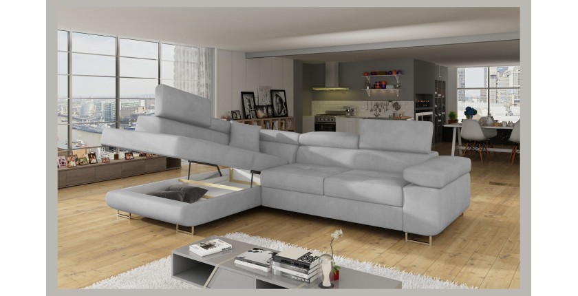 Canapé d’angle convertible MENTON gris – Angle gauche avec coffre
