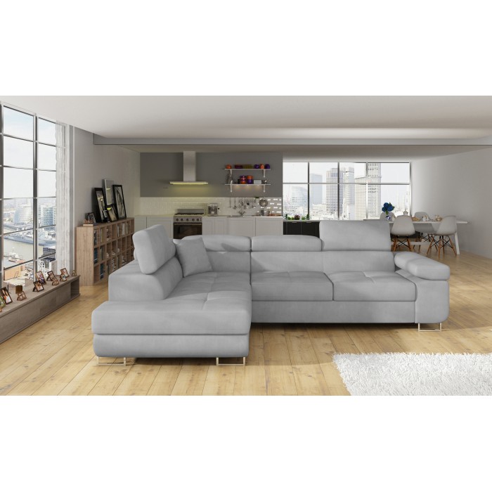 Canapé d’angle convertible MENTON gris – Angle gauche avec coffre