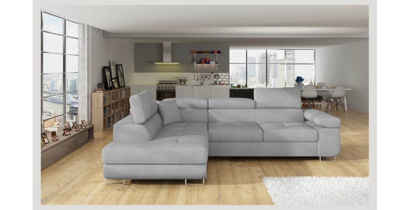 Canapé d’angle convertible MENTON gris – Angle gauche avec coffre