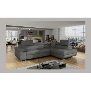 Canapé d’angle convertible MENTON gris tissu tissé – Angle droit avec coffre