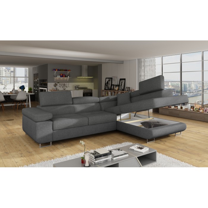 Sofá esquinero convertible MENTON gris tejido – Ángulo derecho con arcón