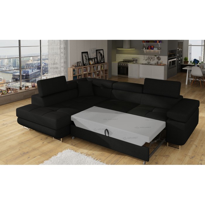 Canapé d’angle convertible MENTON noir – Angle gauche avec coffre