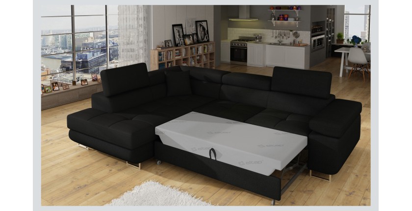 Canapé d’angle convertible MENTON noir – Angle gauche avec coffre