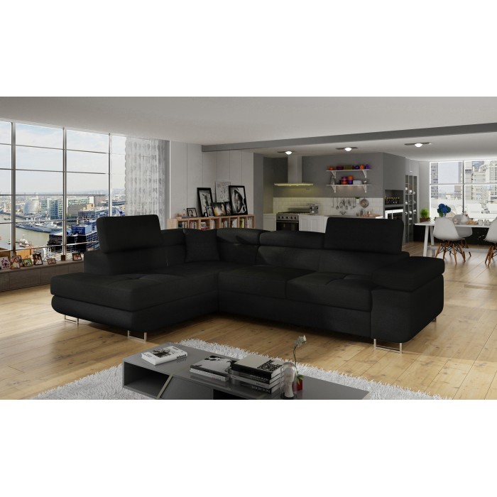 Canapé d’angle convertible MENTON noir – Angle gauche avec coffre
