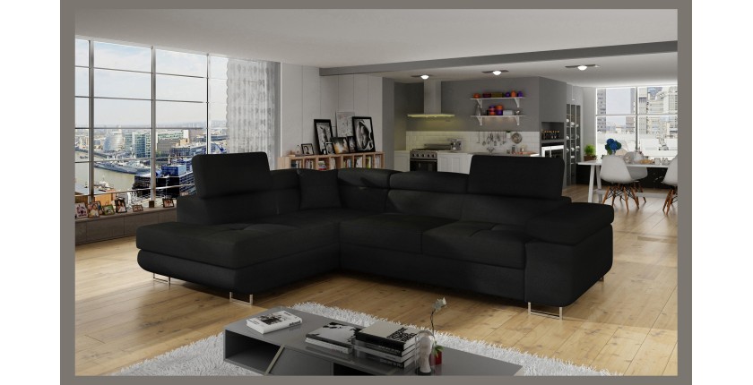 Canapé d’angle convertible MENTON noir – Angle gauche avec coffre