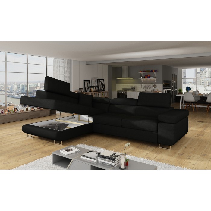 Canapé d’angle convertible MENTON noir – Angle gauche avec coffre