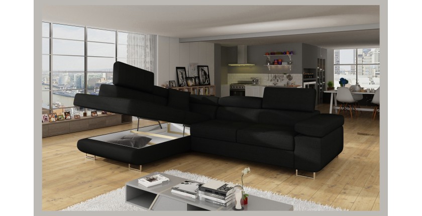 Canapé d’angle convertible MENTON noir – Angle gauche avec coffre