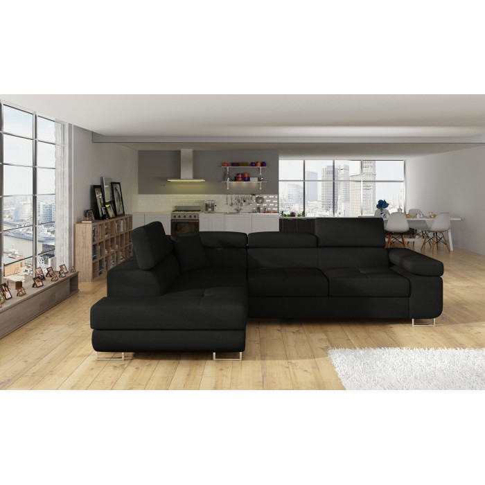 Canapé d’angle convertible MENTON noir – Angle gauche avec coffre