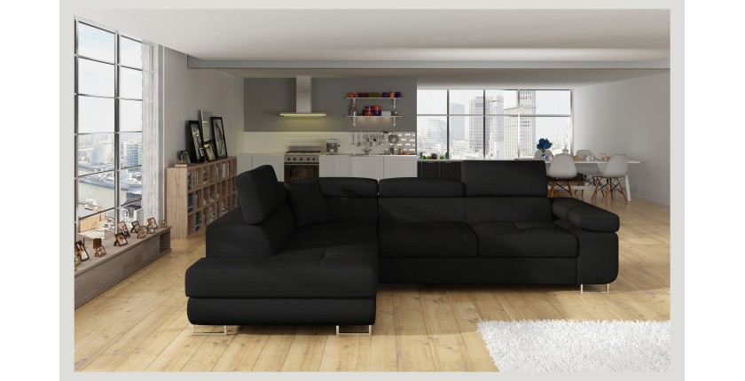 Canapé d’angle convertible MENTON noir – Angle gauche avec coffre