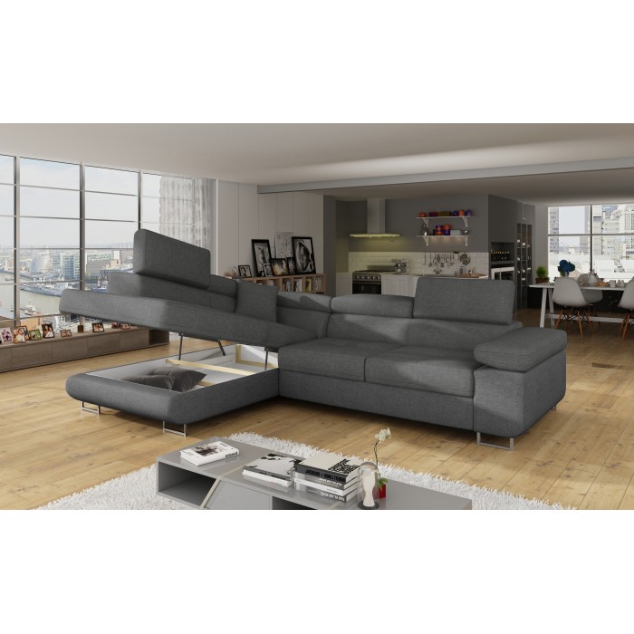 Canapé d’angle convertible MENTON gris tissu tissé – Angle gauche avec coffre