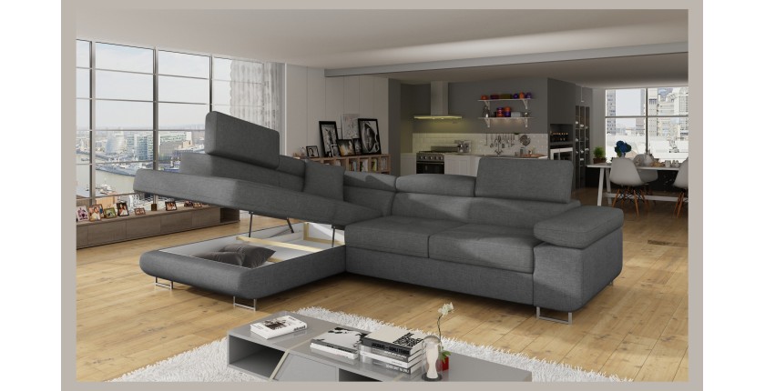 Canapé d’angle convertible MENTON gris tissu tissé – Angle gauche avec coffre