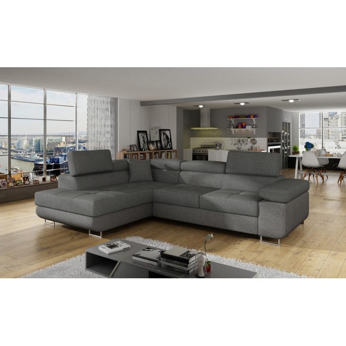 Canapé d’angle convertible MENTON gris tissu tissé – Angle gauche avec coffre