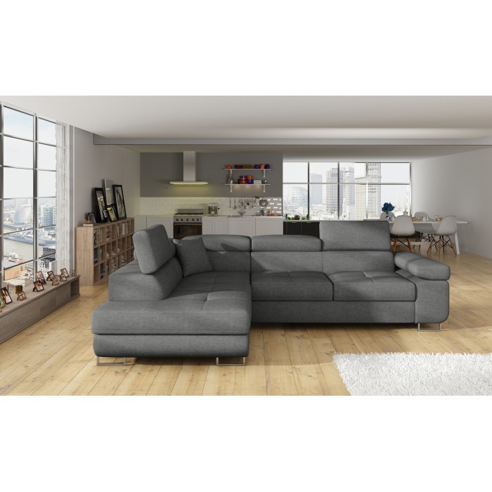 Canapé d’angle convertible MENTON gris tissu tissé – Angle gauche avec coffre