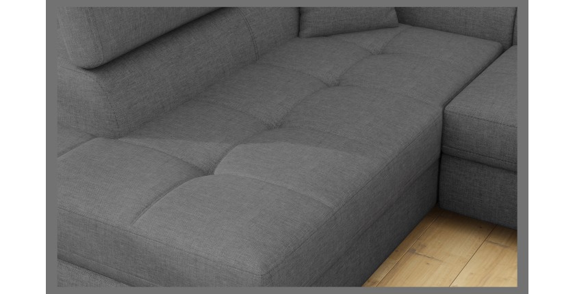 Canapé d’angle convertible MENTON gris tissu tissé – Angle gauche avec coffre