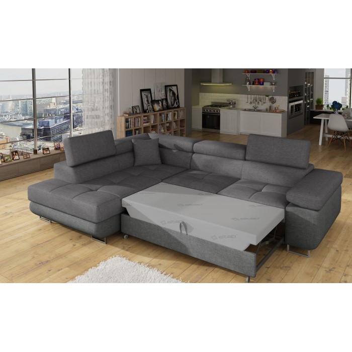 Canapé d’angle convertible MENTON gris tissu tissé – Angle gauche avec coffre