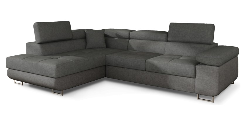 Canapé d’angle convertible MENTON gris tissu tissé – Angle gauche avec coffre