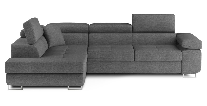Canapé d’angle convertible MENTON gris tissu tissé – Angle gauche avec coffre