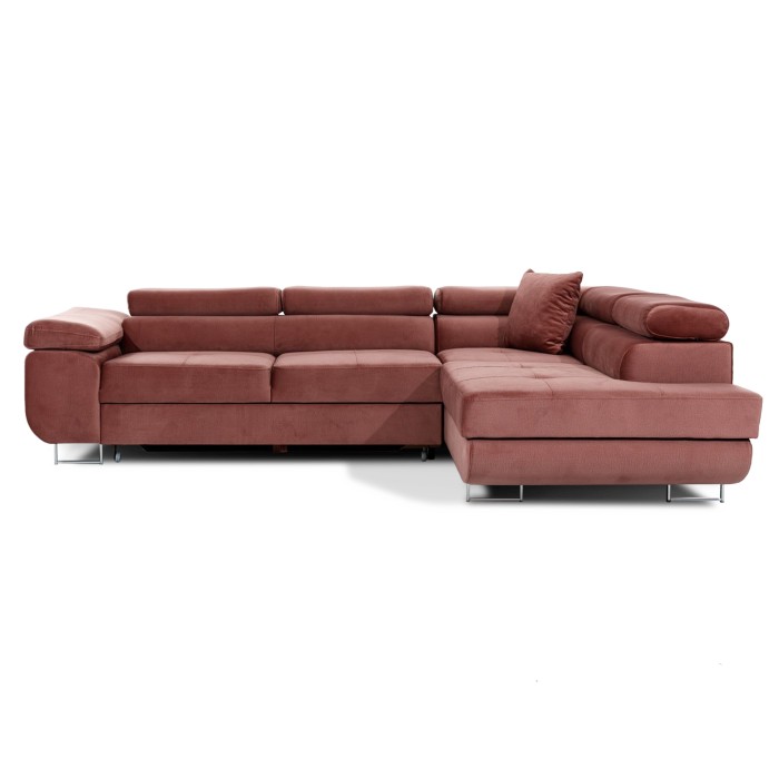 Canapé d’angle convertible MENTON rose velours – Angle droit avec coffre