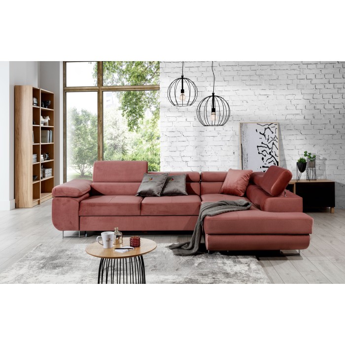 Canapé d’angle convertible MENTON rose velours – Angle droit avec coffre