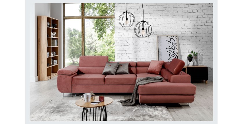 Canapé d’angle convertible MENTON rose velours – Angle droit avec coffre