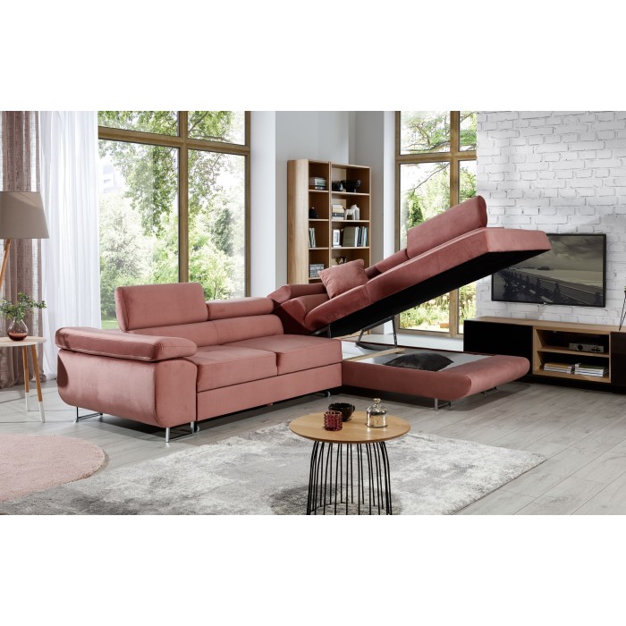 Canapé d’angle convertible MENTON rose velours – Angle droit avec coffre