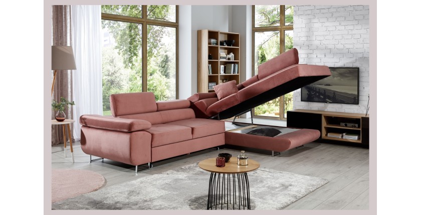 Canapé d’angle convertible MENTON rose velours – Angle droit avec coffre