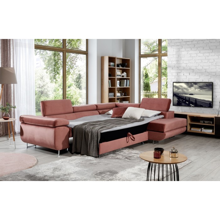 Canapé d’angle convertible MENTON rose velours – Angle droit avec coffre