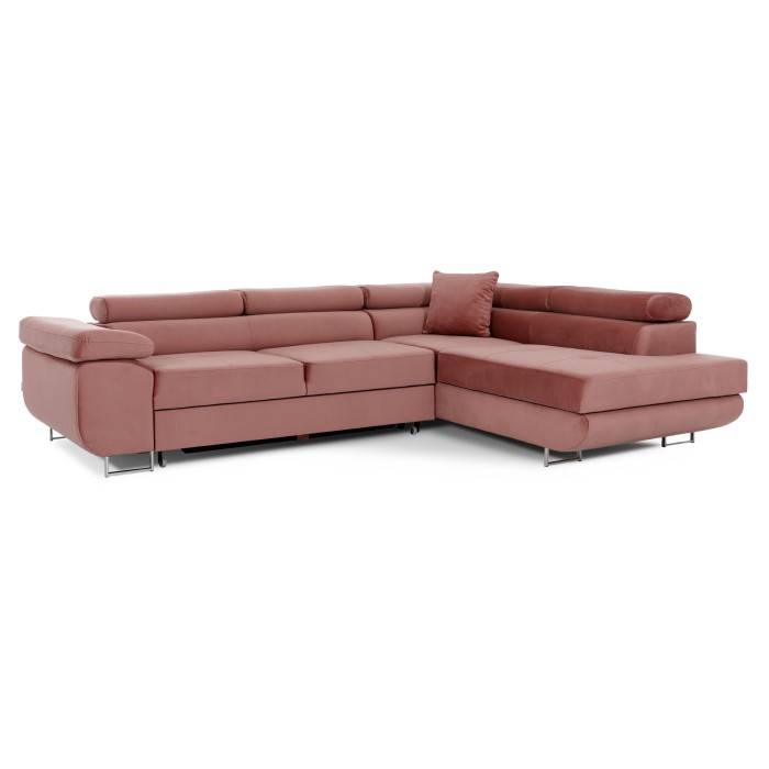 Canapé d’angle convertible MENTON rose velours – Angle droit avec coffre