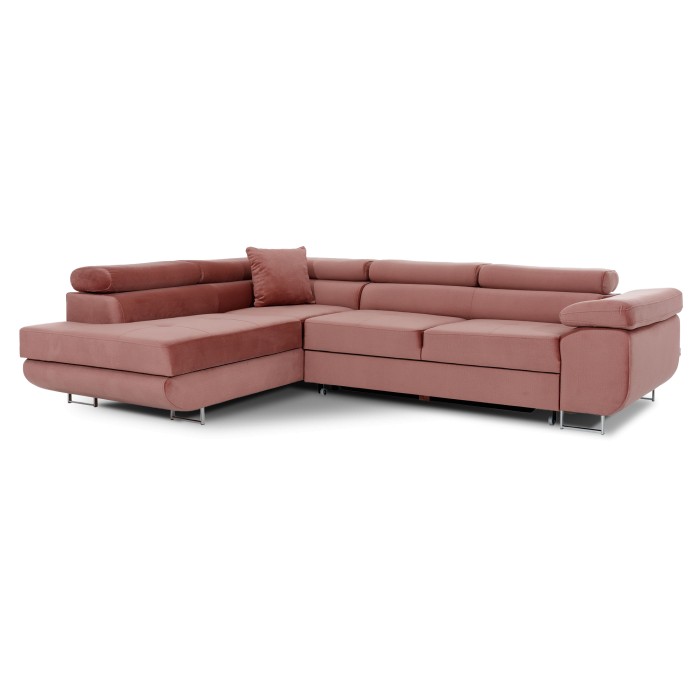 Canapé d’angle convertible MENTON rose velours – Angle gauche avec coffre