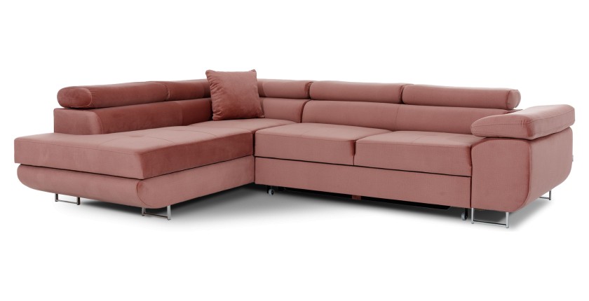 Canapé d’angle convertible MENTON rose velours – Angle gauche avec coffre