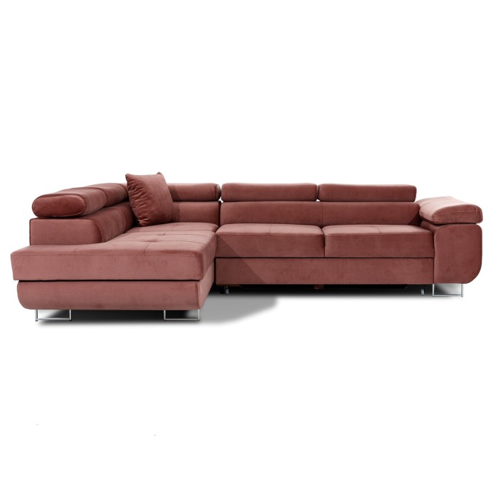 Canapé d’angle convertible MENTON rose velours – Angle gauche avec coffre