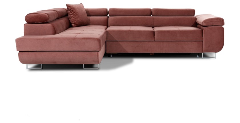 Canapé d’angle convertible MENTON rose velours – Angle gauche avec coffre