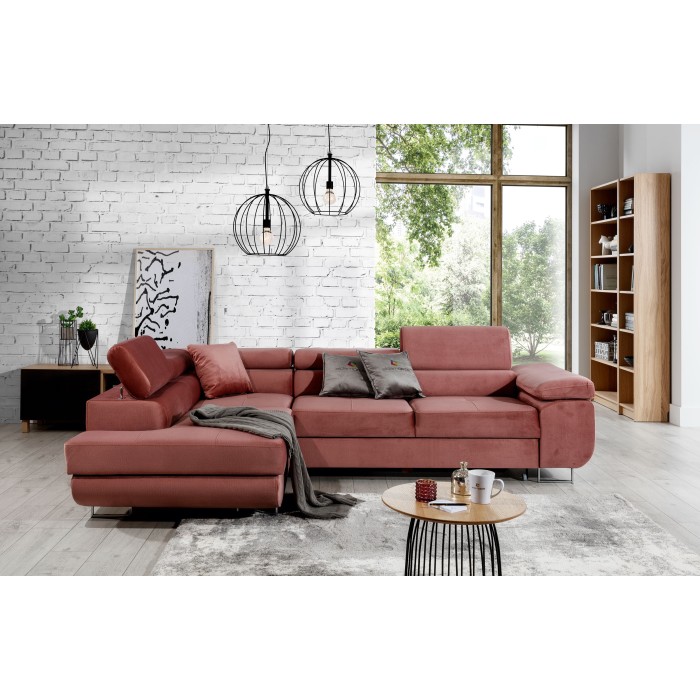Canapé d’angle convertible MENTON rose velours – Angle gauche avec coffre
