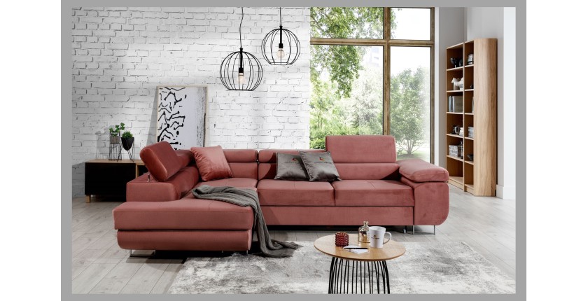 Canapé d’angle convertible MENTON rose velours – Angle gauche avec coffre