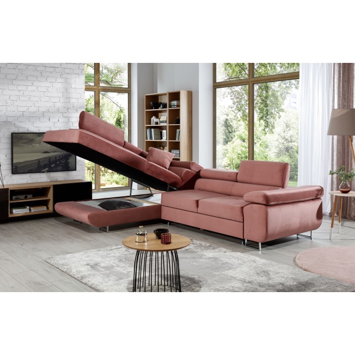 Canapé d’angle convertible MENTON rose velours – Angle gauche avec coffre